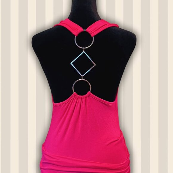 Second Hand SWS Y2K pink low-neck top with silver hoop details. Size: S - Picture 2 of 5